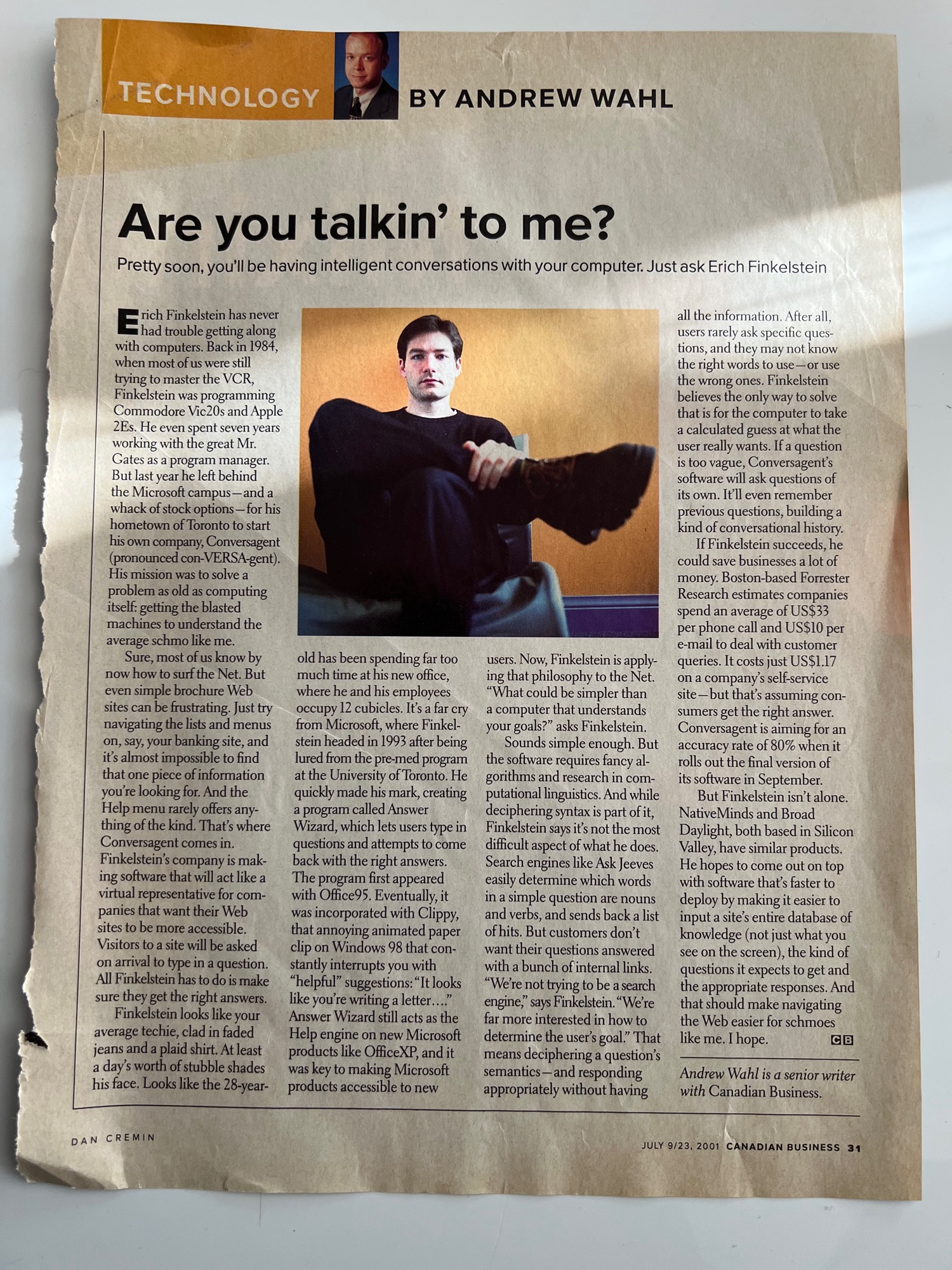 Newspaper clipping about Erich Finkelstein leaving Microsoft to found Conversagent