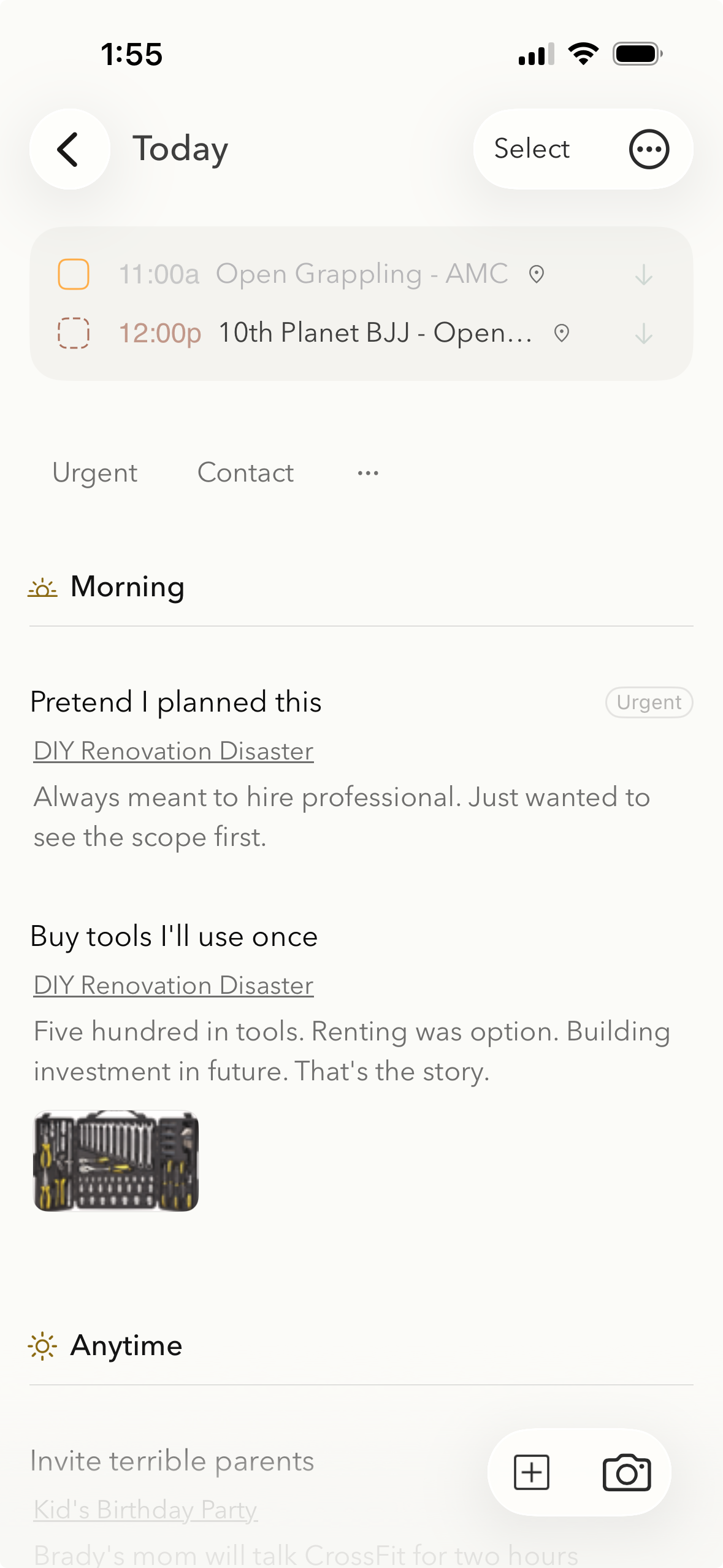 Pachinko for iPhone showing the Today view with calendar events, tag filters, and notes