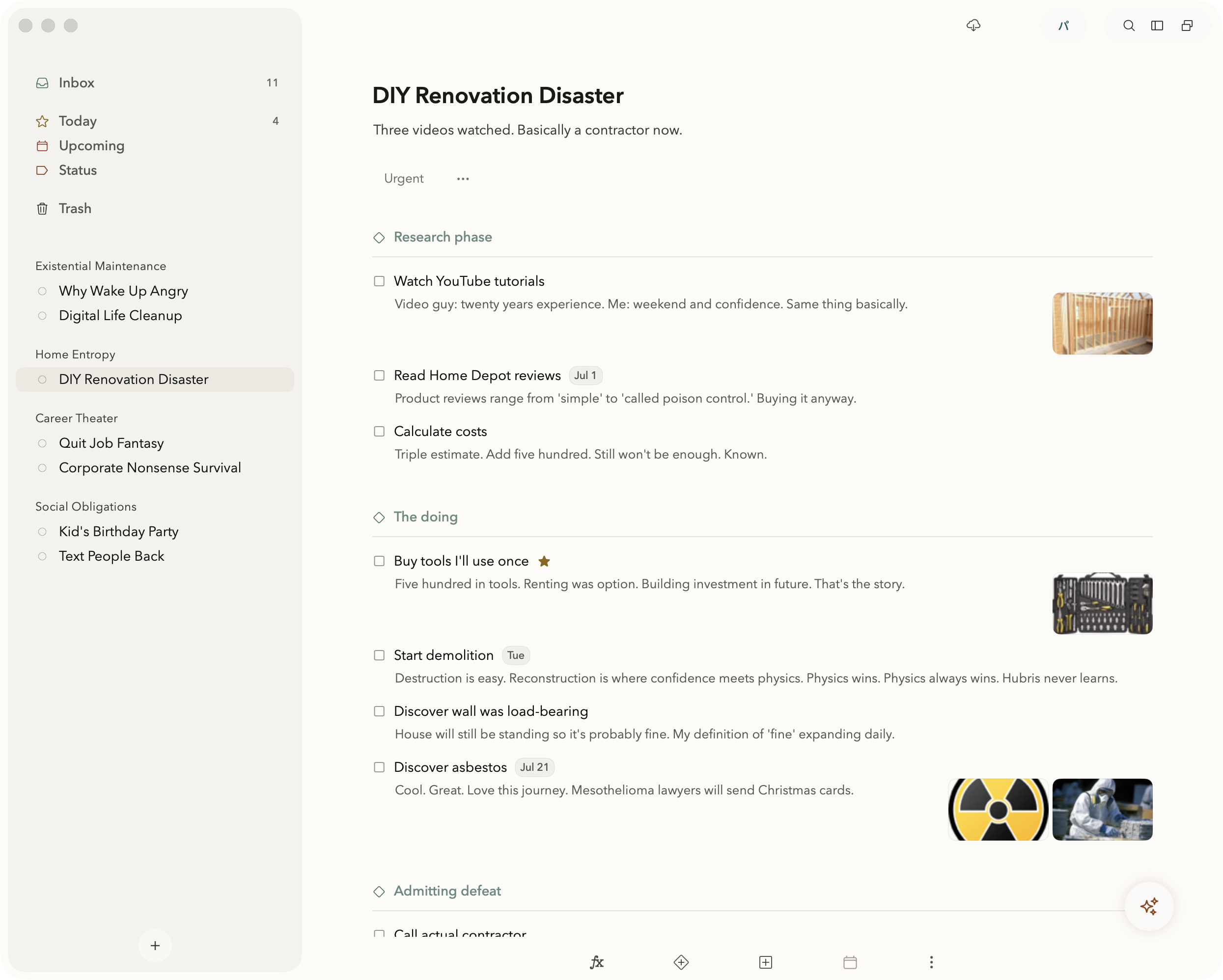 Pachinko Today view with tasks, notes, projects, and schedule context