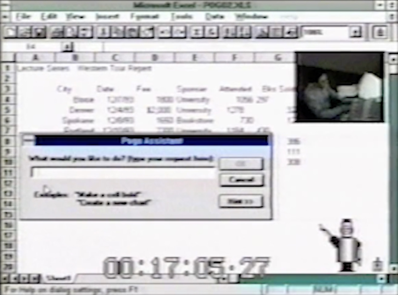 Early Excel prototype with a natural language help dialog and Pogo robot character