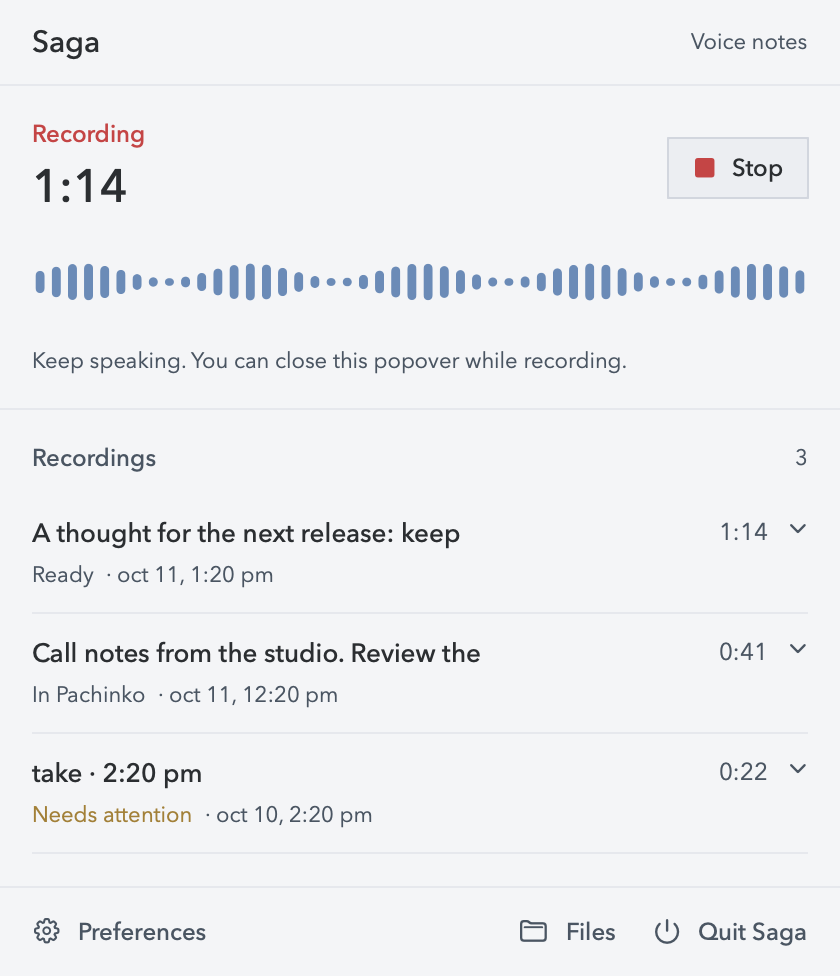 Saga recording a voice note, with its waveform, elapsed time, and a list of earlier recordings